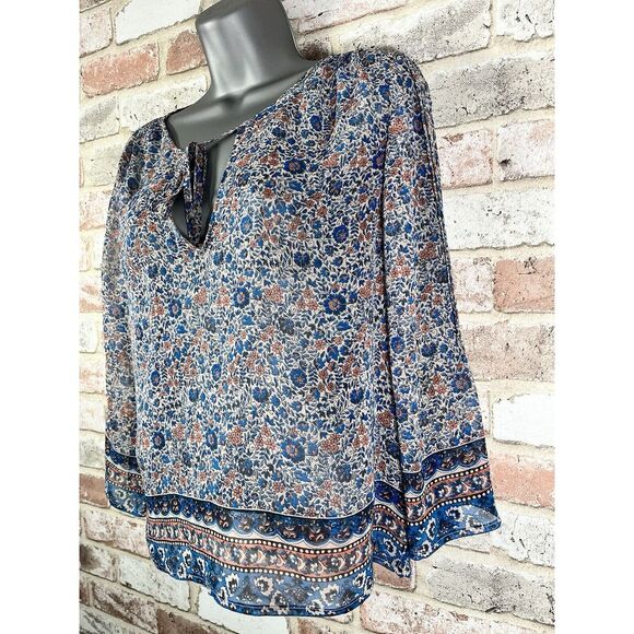 Joie 100% Silk Blue Pink Floral Printed Plunge Neck Boho Tunic Top Size M - Picture 3 of 10